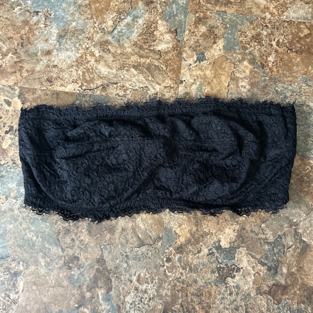 Aerie Strapless Bralette Women Size 34DD Black Floral Lace Unlined Bra Underwire